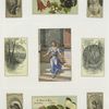 Trade cards depicting flowers, butterflies, a woman with a tambourine, views of a lake and forest ; cigarette cards entitled 'between the acts & bravo' of Mrs. Langtree, Maggie Mitchell, Lotta and Mrs. Henrietta Chanfrau
