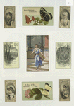 Trade cards depicting flowers, butterflies, a woman with a tambourine, views of a lake and forest ; cigarette cards entitled 'between the acts & bravo' of Mrs. Langtree, Maggie Mitchell, Lotta and Mrs. Henrietta Chanfrau