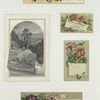 Trade cards depicting flowers, mountains, trains and a ship.