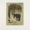 A trade card entitled 'no one to love me' depicting a closed barn door and a donkey in the snow.