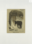 A trade card entitled 'no one to love me' depicting a closed barn door and a donkey in the snow.