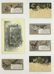 Trade cards depicting butterflies, holly, flowers, plants, strawberries, cows and birch bark.