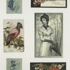 Trade cards depicting flowers, a bird, a bee, a woman with a parasol, a man hanging a sign and a woman reading the sign.