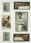 Trade cards depicting flowers, a bird, a bee, a woman with a parasol, a man hanging a sign and a woman reading the sign.