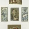[Trade cards depicting children, Asians, flowers, a stork, a wheelbarrow, a baby floating in a basket and miniature people opening a book.]