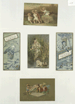 Trade cards depicting children, Asians, flowers, a stork, a wheelbarrow, a baby floating in a basket and miniature people opening a book.