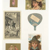 Trade cards depicting men, women, portraits of children wearing hats, a frog, a fan, the moon, plants, horseback riding and a couple cooking fish.