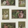Christmas and trade cards depicting men, women, flowers, geraniums, birds, ice skating, a bird perched on a finger and a man playing a musical instrument.