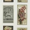 Trade cards depicting a bird, a butterfly, a book, a bee, a fish and flowers.