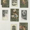 Trade cards depicting miniature woodland people, bees, birds, insects, a rabbit, flowers, trees, snow and a net.