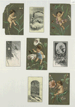 Trade cards depicting miniature woodland people, bees, birds, insects, a rabbit, flowers, trees, snow and a net.