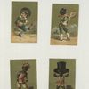 Trade cards depicting boys : dancing, playing musical instruments and wearing adult clothing.