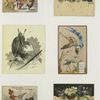 Trade cards depicting birds, flowers, boys, a duck, chicks, a dog, a rabbit, trees, a painting palette, wallpaper and birch bark.