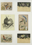 Trade cards depicting birds, flowers, boys, a duck, chicks, a dog, a rabbit, trees, a painting palette, wallpaper and birch bark.