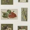 Christmas and trade cards depicting a bird's nest and eggs, geraniums, flowers, a budding tree branch, a man falling onto a group of boys and a boy jumping over the moon on a cow.