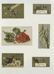 Christmas and trade cards depicting a bird's nest and eggs, geraniums, flowers, a budding tree branch, a man falling onto a group of boys and a boy jumping over the moon on a cow.