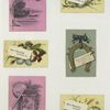Calendars and trade cards depicting a horseshoe, boats, flowers, eggs, pussy willow, a ladybug and pyramids.