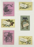 Calendars and trade cards depicting a horseshoe, boats, flowers, eggs, pussy willow, a ladybug and pyramids.