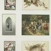 Calendar and trade cards depicting shells, boats, advertisements, an angel, seaweed, a running dog and boys.