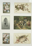 Calendar and trade cards depicting shells, boats, advertisements, an angel, seaweed, a running dog and boys.