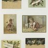 Christmas and trade cards depicting flowers, holly, birch bark, bees, toys, a woman with a net and a baby crawling.