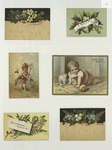 Christmas and trade cards depicting flowers, holly, birch bark, bees, toys, a woman with a net and a baby crawling.