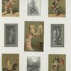 Trade cards depicting birds, trees, rivers, acrobats, musical instruments, a woman painting, a man with a parasol, and a boy riding a pseudo horse.