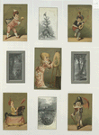 Trade cards depicting birds, trees, rivers, acrobats, musical instruments, a woman painting, a man with a parasol, and a boy riding a pseudo horse.