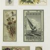 Trade cards depicting flowers, insects, a sailboat, a waiter and statuary of a woman and the cross.