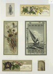 Trade cards depicting flowers, insects, a sailboat, a waiter and statuary of a woman and the cross.