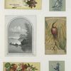 Trade cards depicting men, a woman, flowers, a bird, corn, a canoe, a river, a broom and advertisements.