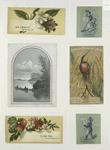 Trade cards depicting men, a woman, flowers, a bird, corn, a canoe, a river, a broom and advertisements.