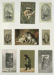 Trade cards depicting children, snow, a dog, a cat, mountains, the moon, a boat, flies, a flower and a figure ; cigarette cards entitled 'between the acts and bravo' of H. J. Montague & J. Jefferson.