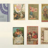 Trade cards and calendars depicting flowers, wine, a table setting, a map, a bird, a Danish woman, a man hunting in Alaska, a man riding a horse, a scientist inspecting Duffy's malt whiskey and a mammy holding an infant with a man's head.