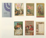 Trade cards and calendars depicting flowers, wine, a table setting, a map, a bird, a Danish woman, a man hunting in Alaska, a man riding a horse, a scientist inspecting Duffy's malt whiskey and a mammy holding an infant with a man's head.