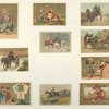 [Cards depicting horseback riding, horse drawn carriages, China, a boy delivering a letter, a couple missing the train, a figure riding a turkey and a dog and children with baskets by telephone poles.]