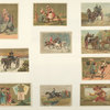 Cards depicting horseback riding, horse drawn carriages, China, a boy delivering a letter, a couple missing the train, a figure riding a turkey and a dog and children with baskets by telephone poles.