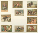 Cards depicting horseback riding, horse drawn carriages, China, a boy delivering a letter, a couple missing the train, a figure riding a turkey and a dog and children with baskets by telephone poles.