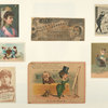 [Trade cards depicting cameras, a mirror, a dog, portraits of women, a figure riding a chicken, a women trying on a hat and a man selling shirts.]