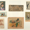 Trade cards depicting cameras, a mirror, a dog, portraits of women, a figure riding a chicken, a women trying on a hat and a man selling shirts.