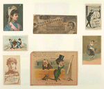 Trade cards depicting cameras, a mirror, a dog, portraits of women, a figure riding a chicken, a women trying on a hat and a man selling shirts.