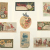 [Trade cards depicting women, children, men, Japan, Spain, flowers, grapes, fans, a bee, thread, a wheelbarrow, a donkey, a parasol, sewing, a bird perched on a finger and a girl poking a woman's eye.]