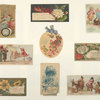 Trade cards depicting women, children, men, Japan, Spain, flowers, grapes, fans, a bee, thread, a wheelbarrow, a donkey, a parasol, sewing, a bird perched on a finger and a girl poking a woman's eye.