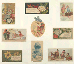Trade cards depicting women, children, men, Japan, Spain, flowers, grapes, fans, a bee, thread, a wheelbarrow, a donkey, a parasol, sewing, a bird perched on a finger and a girl poking a woman's eye.