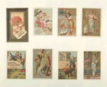 Trade cards depicting toys, women, a donkey, a mask, a kimono, a jar of meat, a parasol, a frog, shellfish and children : playing with a cat, pointing at something on the beach, holding a drawing and being lifted onto and falling off of a donkey.