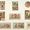Trade cards depicting Native Americans, Hindus, Greeks, boxes of food, a bird, a donkey, frogs reading, a cupid being fitted for clothes, children's heads framed by a torn tambourine and paper.