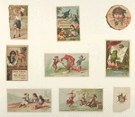 Trade cards depicting Native Americans, Hindus, Greeks, boxes of food, a bird, a donkey, frogs reading, a cupid being fitted for clothes, children's heads framed by a torn tambourine and paper.