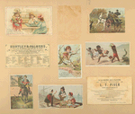 Trade cards depicting shopping, hunting, a dog, boxes, fabric, Italians, blacks, a horse and carriage, and a donkey ride.