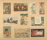 Trade cards depicting Laplanders, New Rochelle Harbor, birds, women, children, boxes, a sled, a horseshoe, a bearskin rug, a bedroom, autumn foliage, the French department Lozere and it's products.