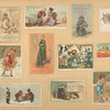 Trade cards depicting clothing, boxes, children, men, women, birds, a musical instrument, a sled, games of chance, cats playing with a boot and the nursery rhyme 'Mary had a little lamb'.